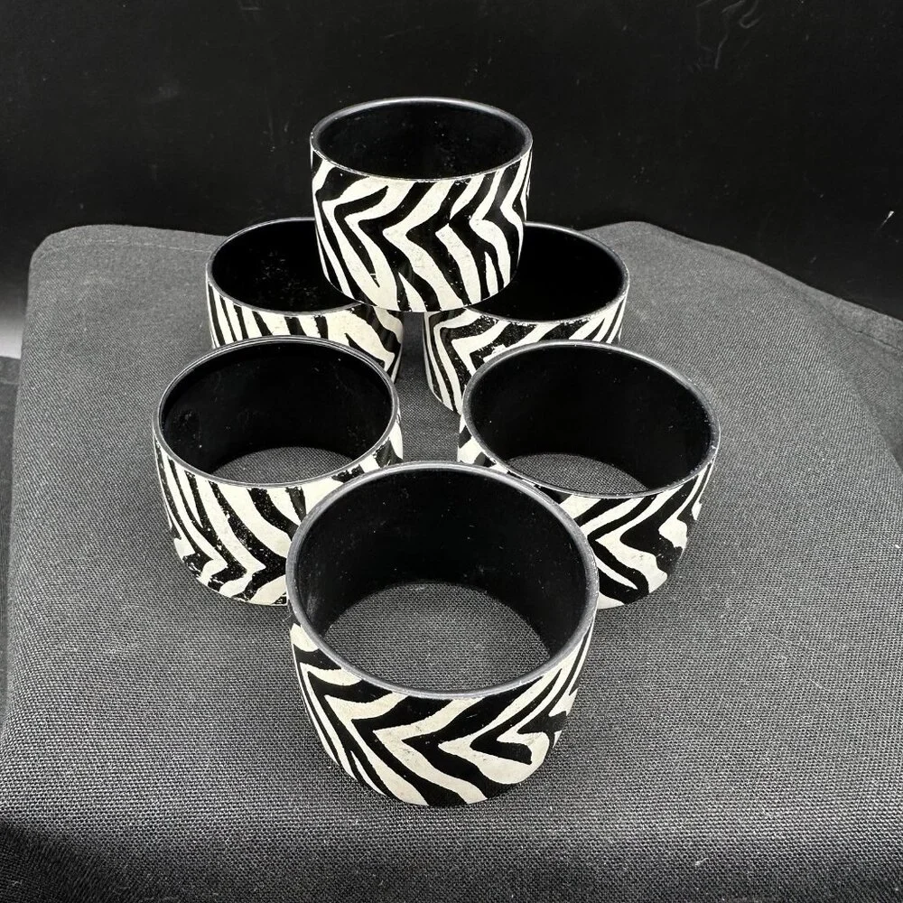 Black White Zebra Print Napkin Rings Set Of 6 Animal Pattern Table Decor Vintage